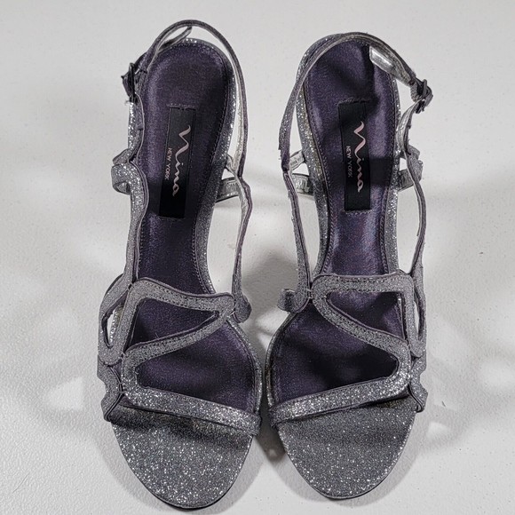 Nina New York Womens Size 8M Sparkle Strappy Slingback Heels Silver Leather - Picture 2 of 15